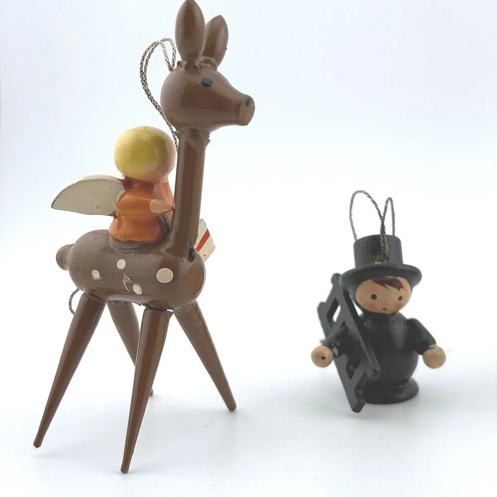 Vintage Mini Hand Painted Wooden Christmas Ornaments Set‎ 4 Reindeer Skier Horse